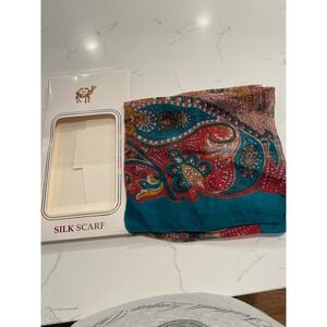 PCST Silk‎ Scarf Paisley Print Teal Red Gold Luxury Fashion Accessory